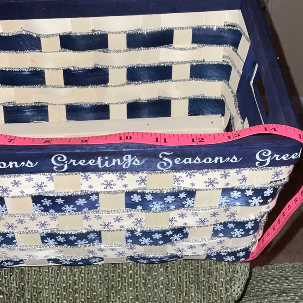 Holiday SEASONS GREETINGS Blue, Ivory, Silver Rectangular Wicker Basket handles - Picture 9 of 11